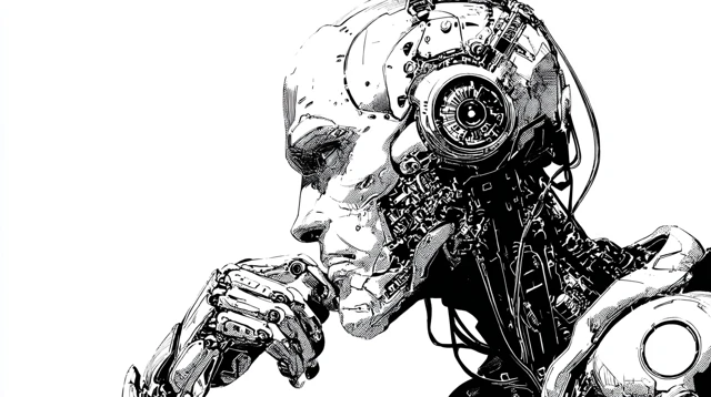 Retro Comic Robot Thinker Art Black and White