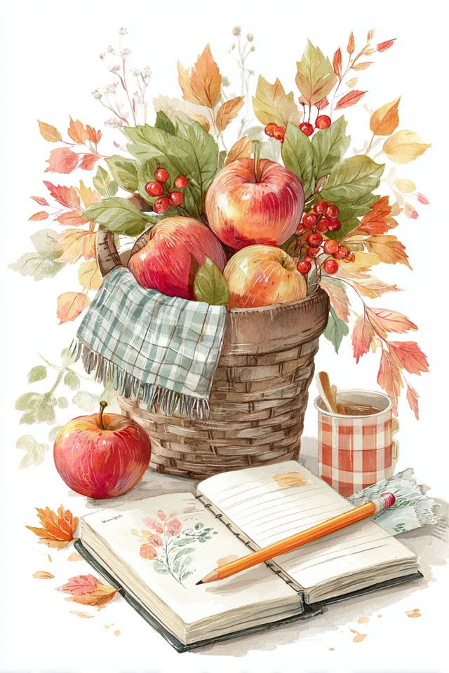 Autumn Basket Illustration Apples Leaves Notebook