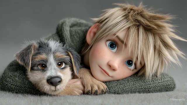 3D Cute Boy and Puppy Illustration