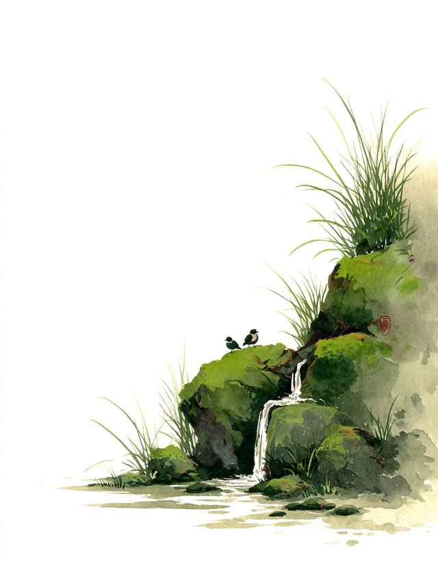 Japanese Ink Painting Water and Birds