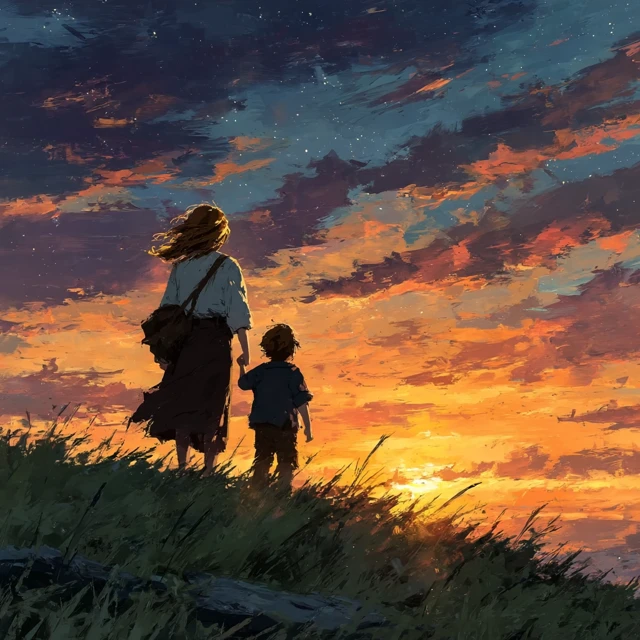Mother and Child Sunset Illustration Disney Style