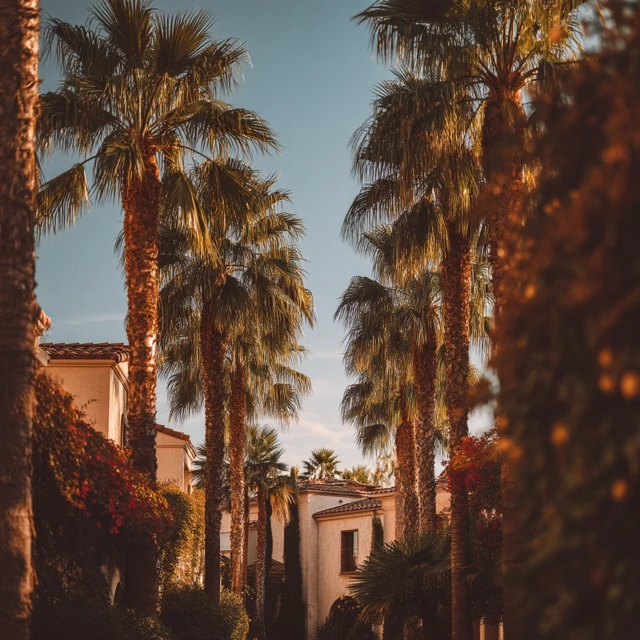 Vintage Hotel with Palm Trees Pastel Tones