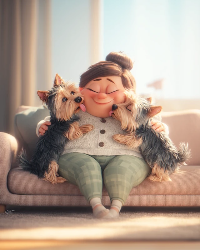 Cozy Pixar Scene Woman and Yorkshire Terriers