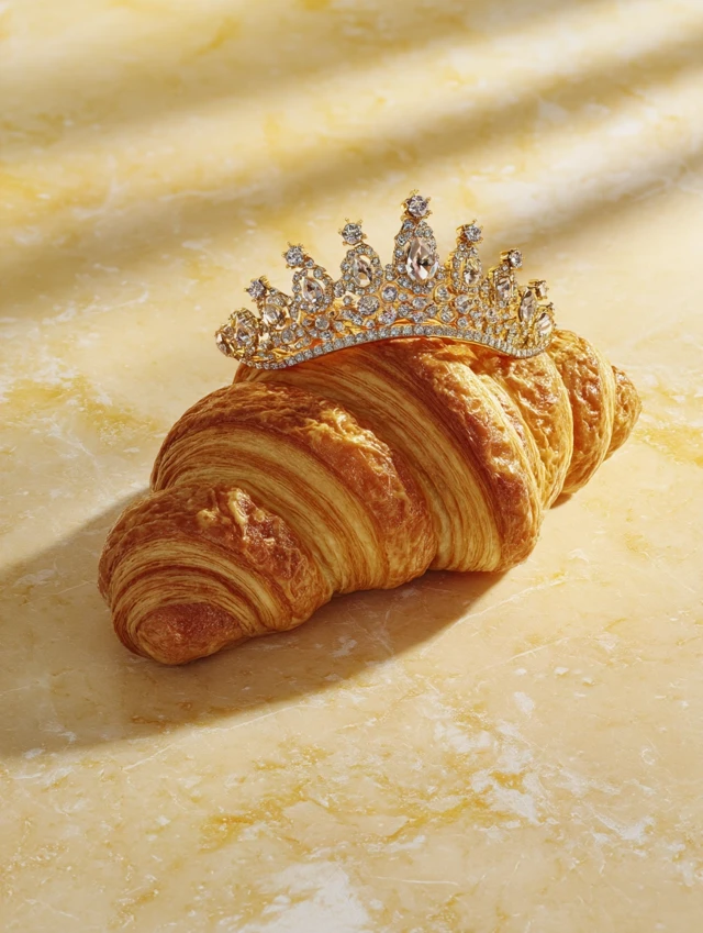 Golden Croissant with Diamond Crown Hyperrealistic