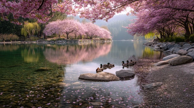 Cherry Blossom Lake Ducks Spring Scene