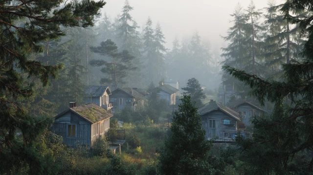 Misty Morning Forest Houses Cinematic Scene