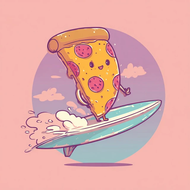 Cute Pizza Surfing Cartoon Illustration