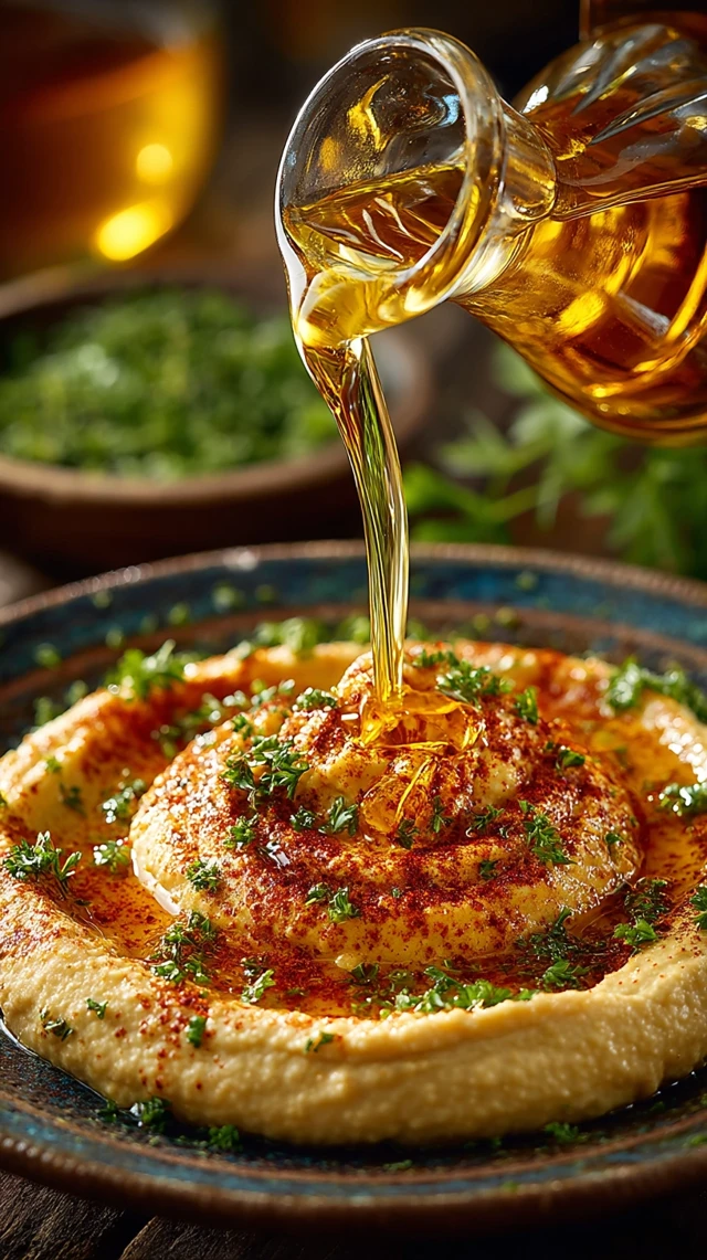 Hummus with Olive Oil Paprika and Parsley Slow Motion