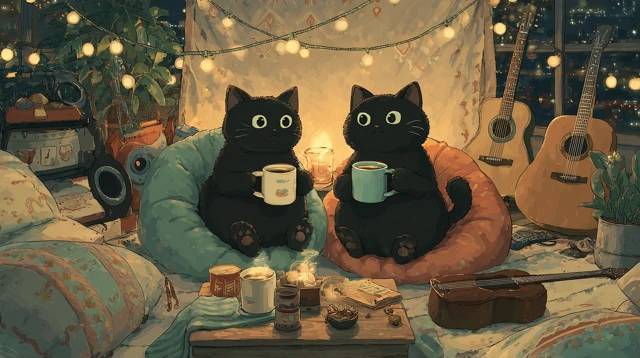 Cozy Evening Two Black Cats Mugs Lights