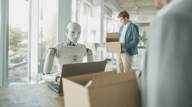 Robot and Fired Employee Modern Office Scene