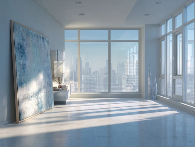 Modern Apartment Interior with City Skyline at Dawn