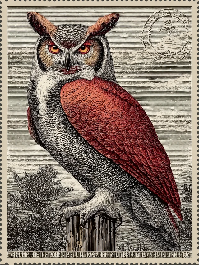 Retro Owl Postage Stamp Art