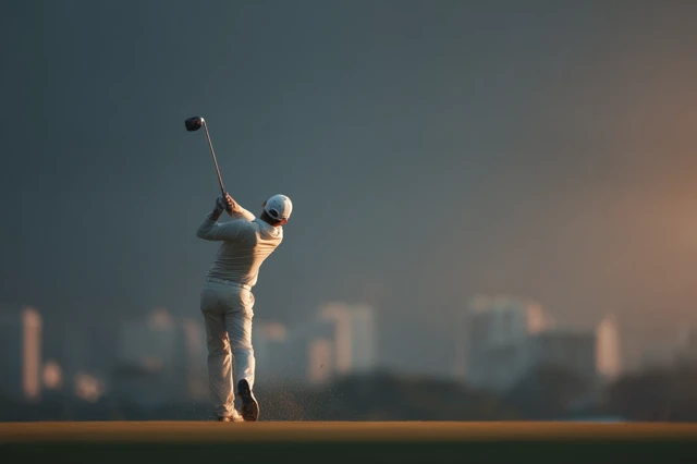 Asian Golfer Swinging Golf Club on Green Field Sunrise