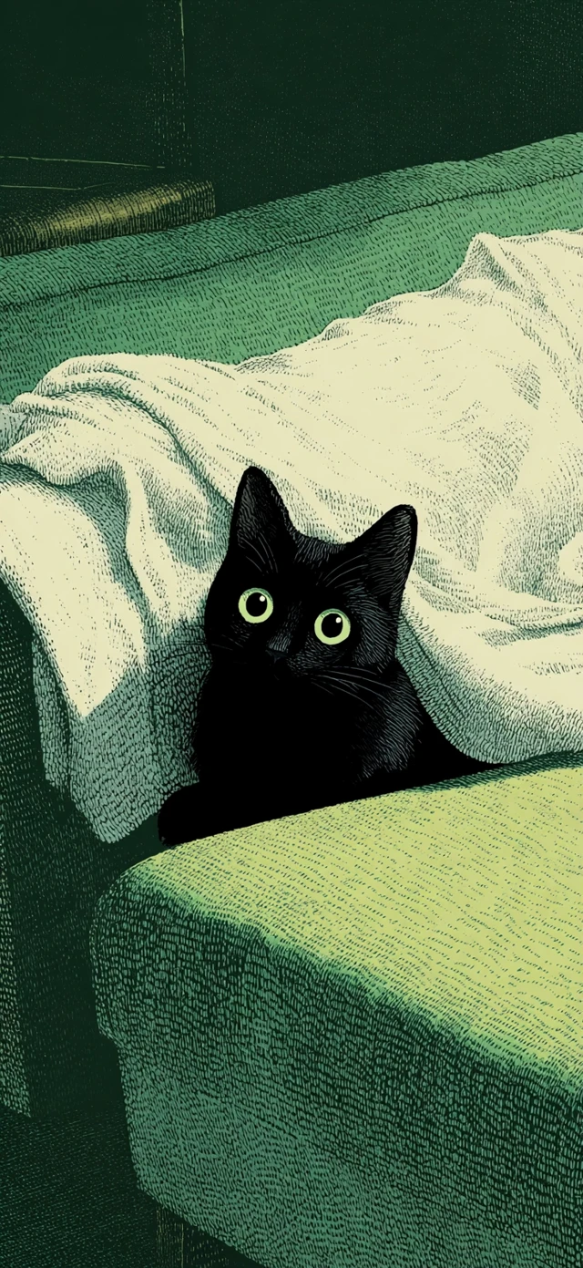Cute Black Cat Hiding in Blanket Anime Style