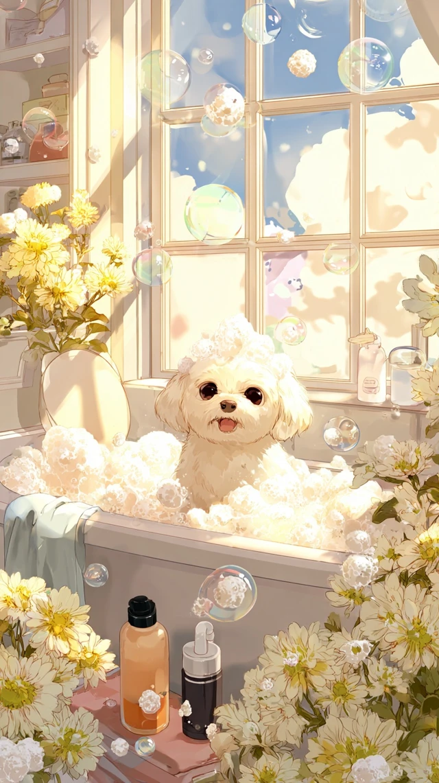 Maltese Puppy Bathing in Flowers Anime Art