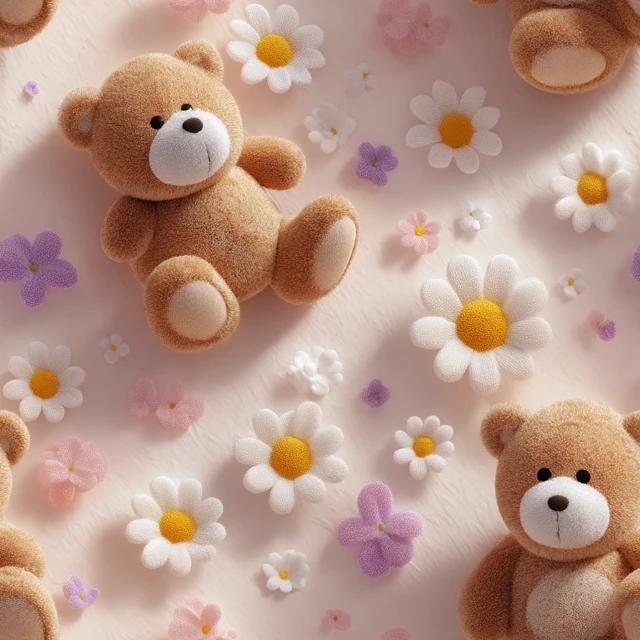Cute Teddy Bear and Flowers Seamless Pattern 3D Render