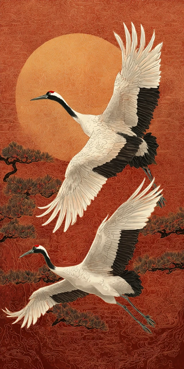 Red Crowned Cranes in Flight Chinese Art Painting