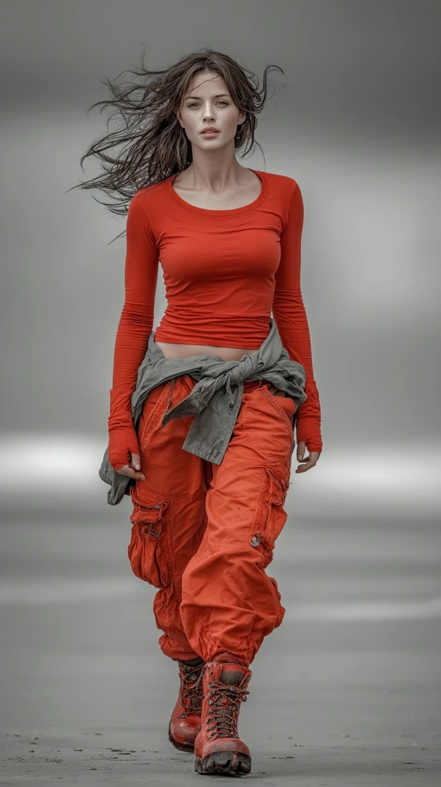 Woman in Red on Stormy Beach
