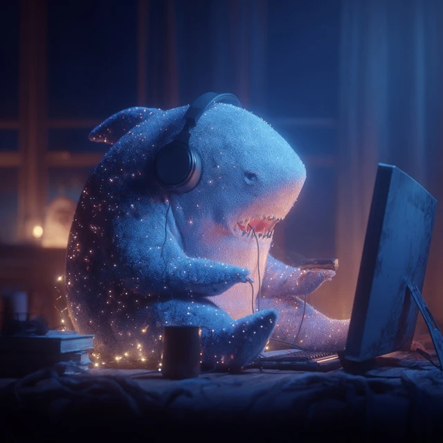 Cute Shark with Headphones at Computer at Night