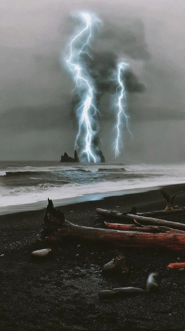 Icelandic Rift Lightning Storm Over Coastline