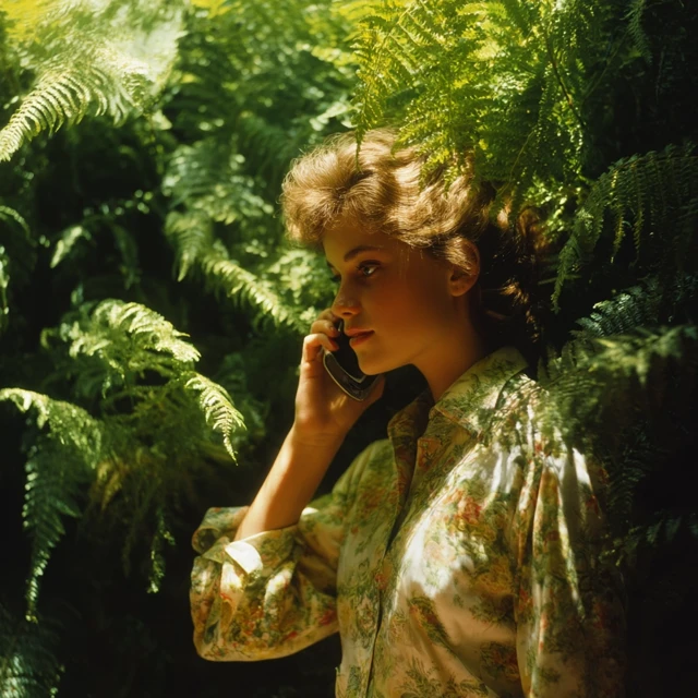Woman on Phone 1980s Ferns Afternoon Sun