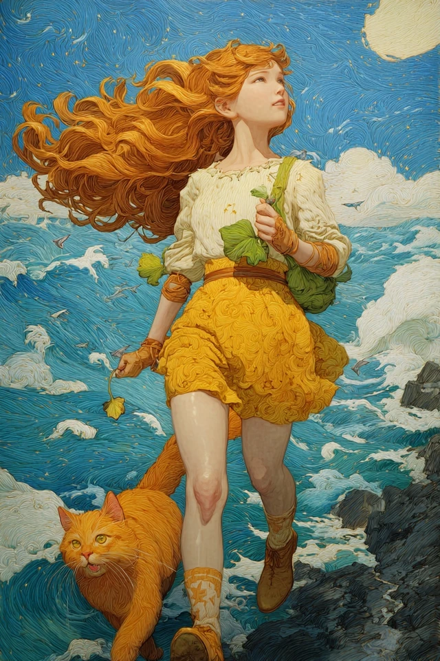 Girl and Cat on Cliffside Painting