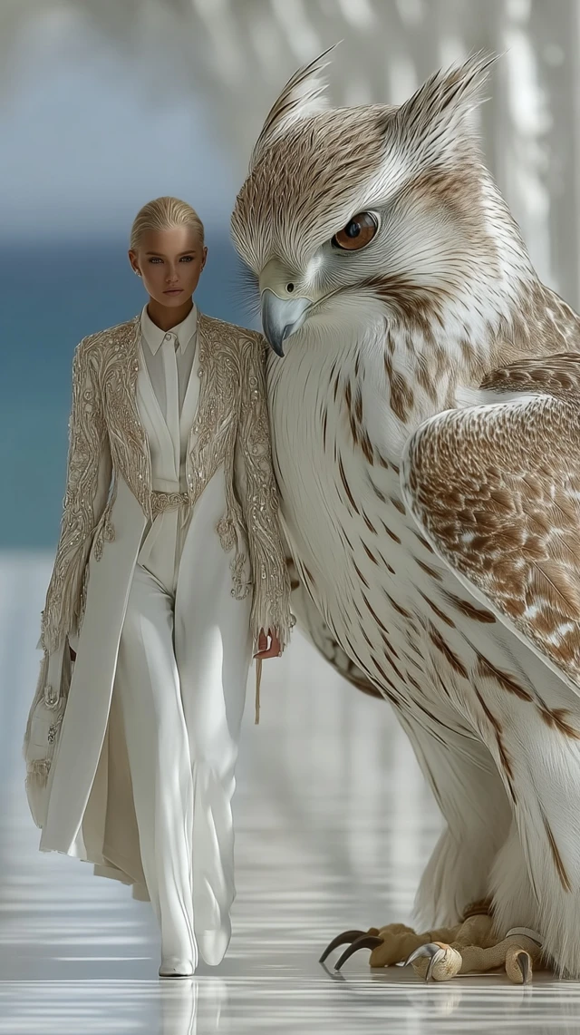 Fashion Model and Falcon on Runway Ultra Realistic