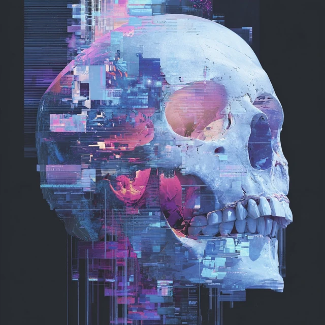 Digital Skull Head Glitch Art Futuristic Illustration