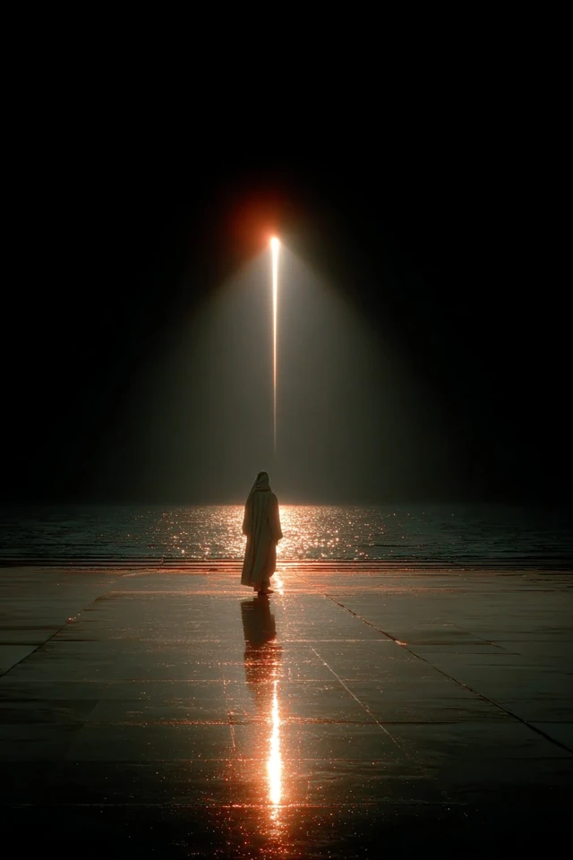 Man Walking on Ocean Under Bright Star