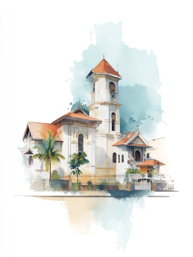 Savannakhet Laos Watercolor Painting: Catholic Church Art Print