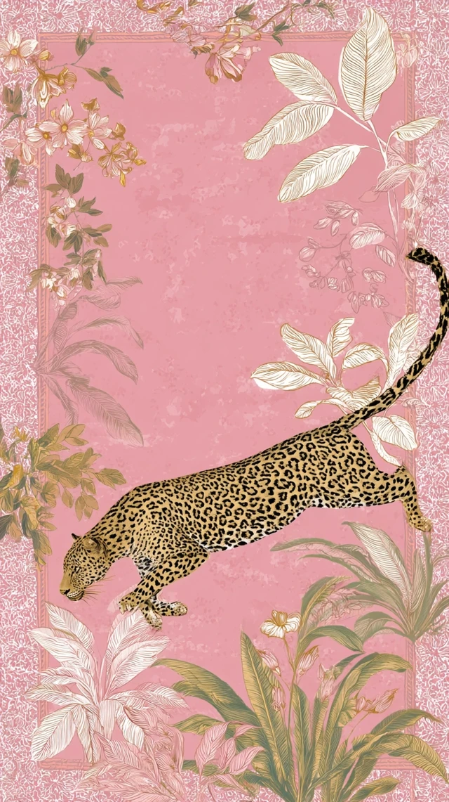 Leopard in Pink Botanical Jungle Art