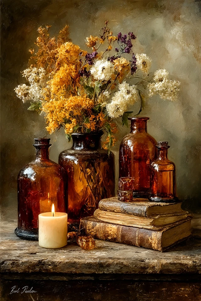 Vintage Still Life Oil Painting Amber Glass Bottles