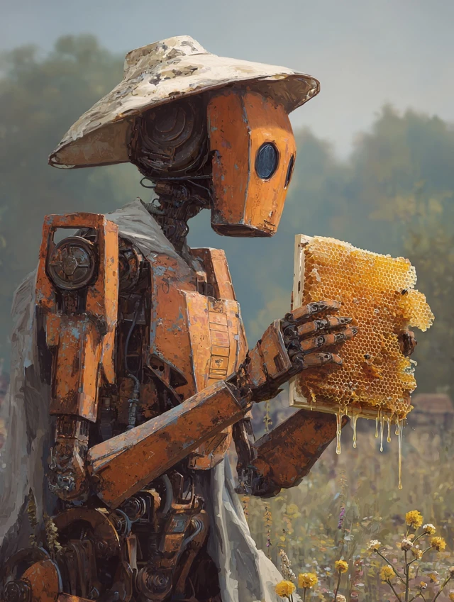 Retrofuturistic Robot Beekeeper Painting