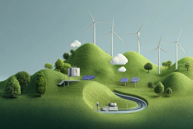 Green Energy Illustration Wind Turbines and Solar Panels