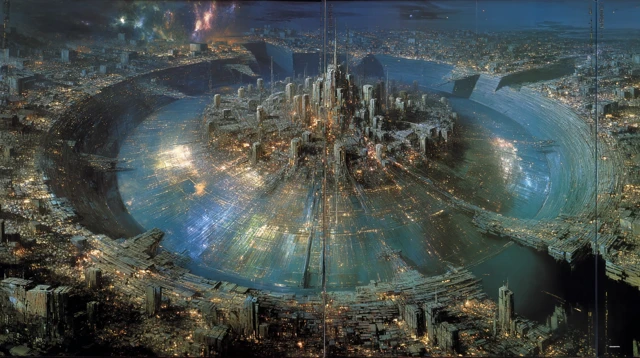 Cyberpunk City Aerial View Syd Mead SciFi Art