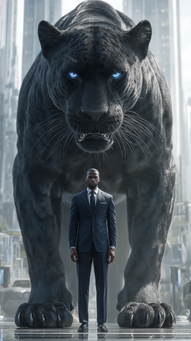 Man and Panther Guardian in Futuristic City