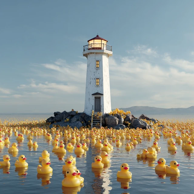 Lighthouse with Rubber Ducks Surreal Ocean Scene