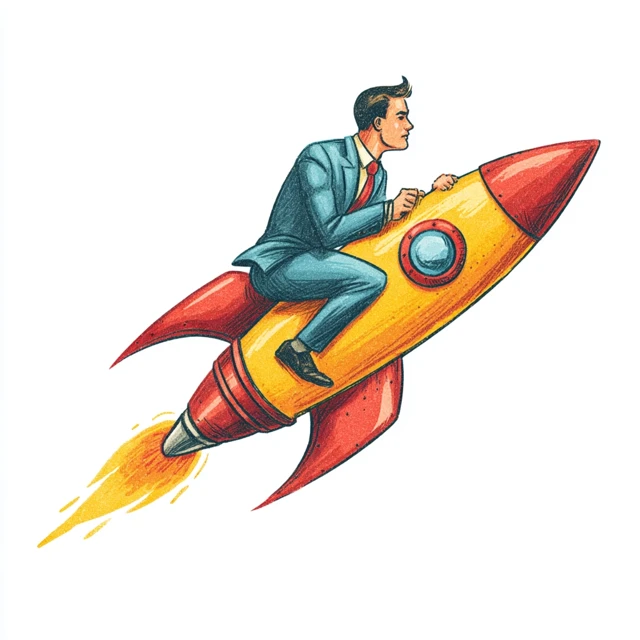 Businessman Rocket Illustration Bright Colors Postcard Style