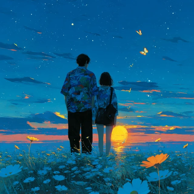 Romantic Couple in a Flower Field Anime Art