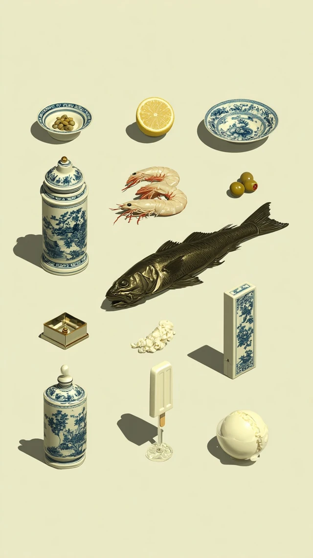 Porcelain Still Life with Food and Ornaments