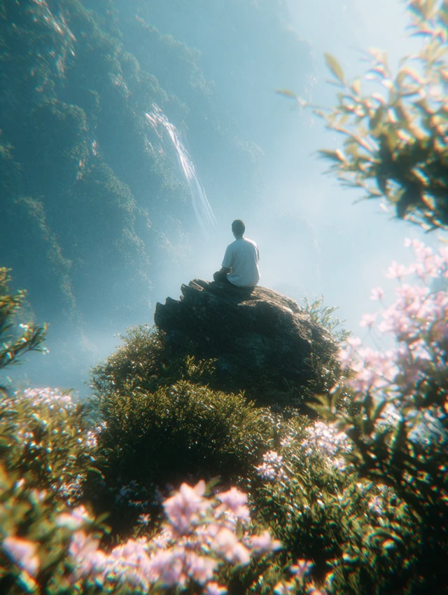 Man on Mountain Peak Forest and Waterfall View