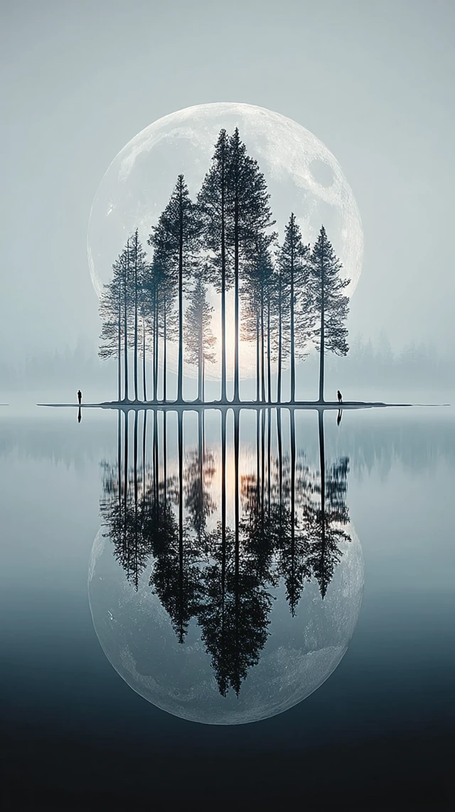 Moonlit Lake Reflection: Pine Trees and Mist