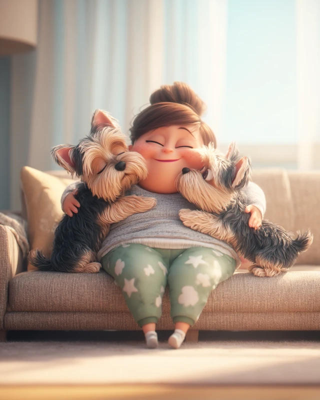 Cozy Pixar Scene Woman and Yorkshire Terriers