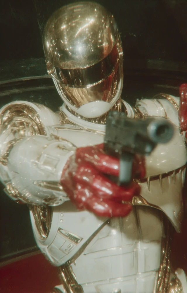 Cyberpunk Robot Warrior Pointing Gun