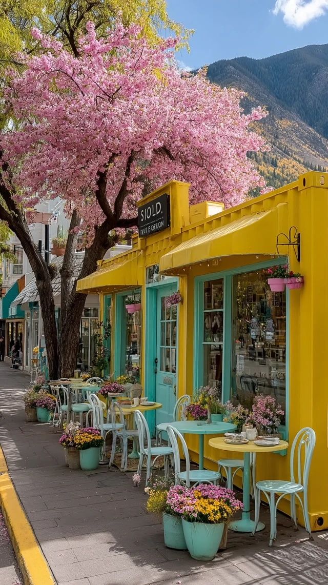 Yellow Cafe with Cherry Blossoms and Mountain View