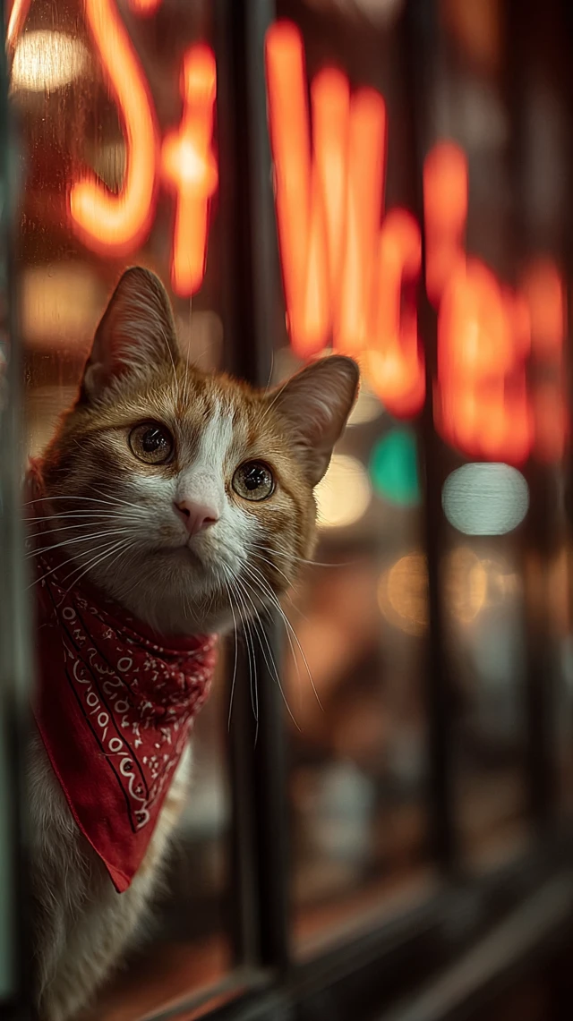Curious Cat in a Red Bandana at Night
