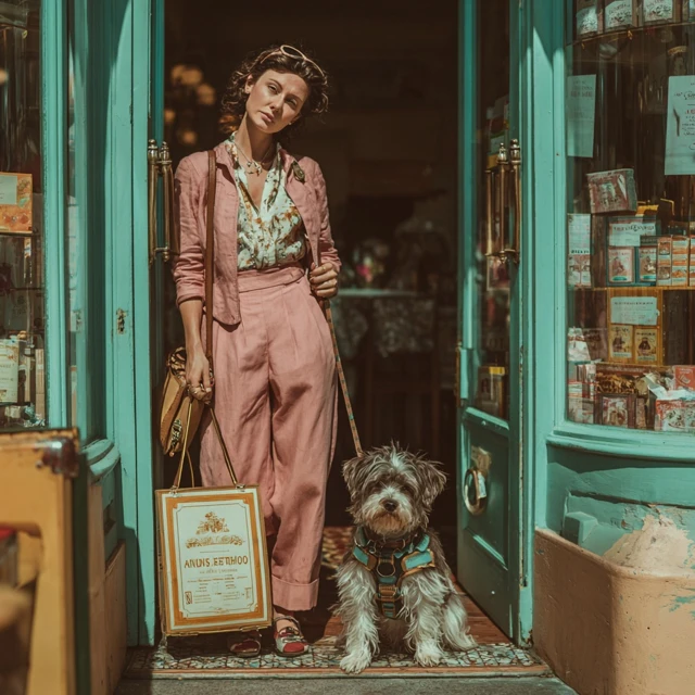 Woman and Dog Wes Anderson Style Photo Real