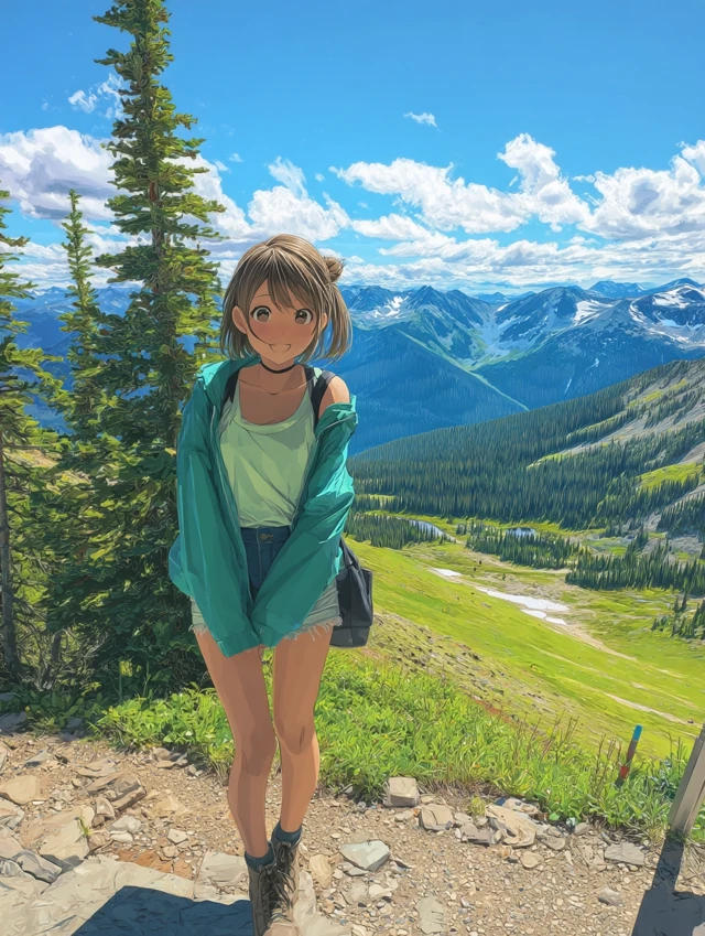 Anime Girl Smiling in Mountains - Summer Scene