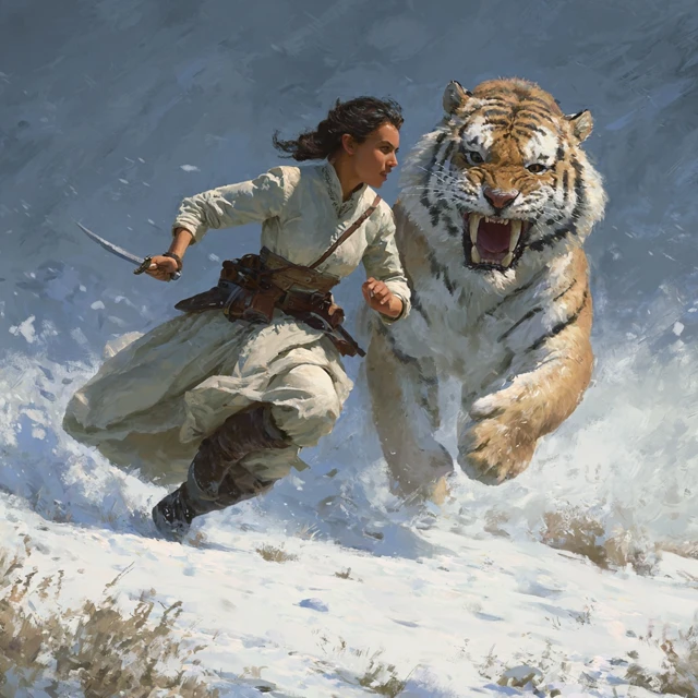 Woman Escapes Saber Tooth Tiger Historical Art