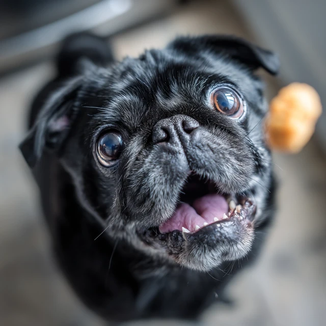 Funny Black Pug Dog Catching Treat Kitchen Photo